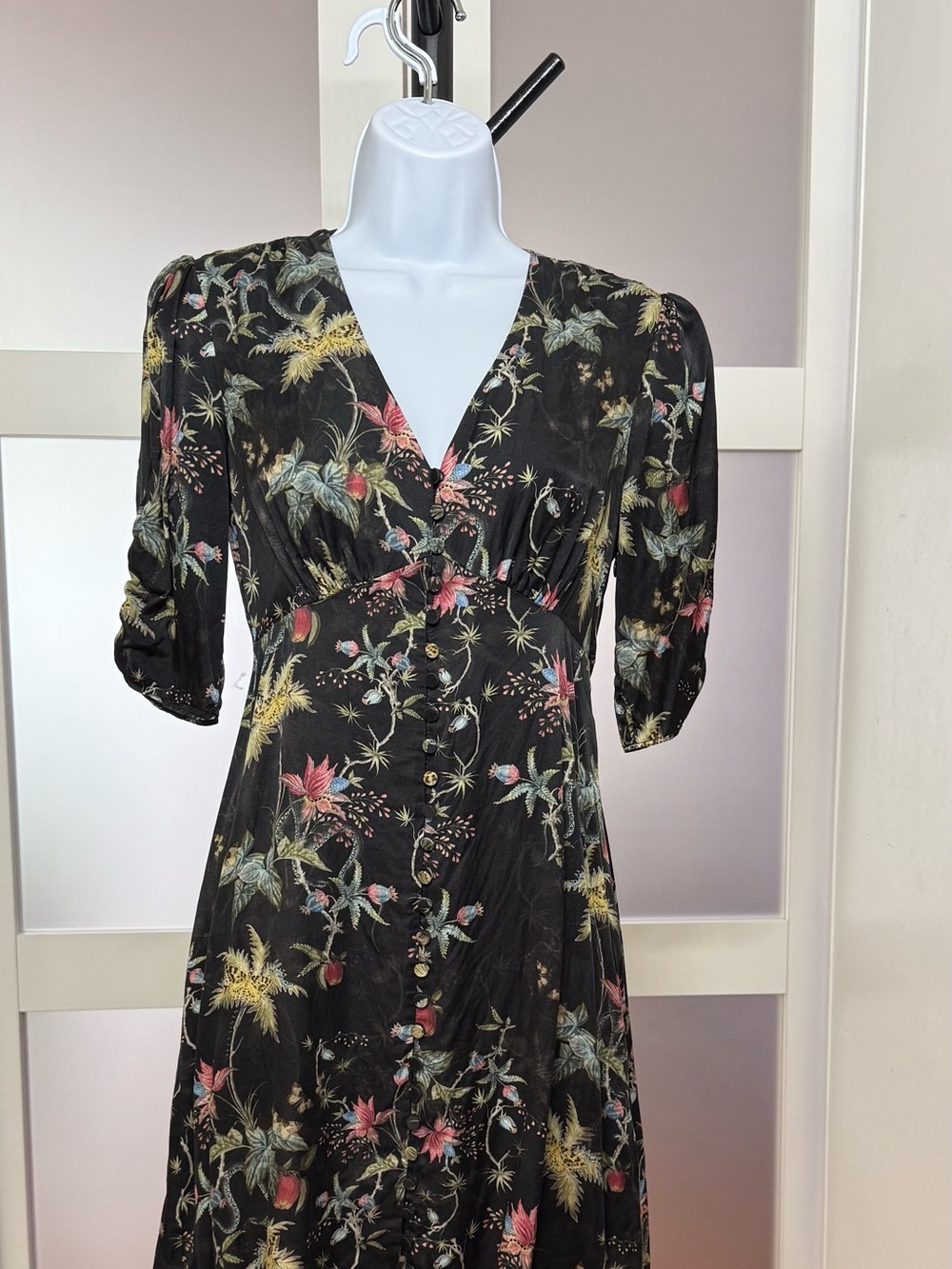 AllSaints Kota Evolution Dress Black Floral V-Neck Dress, XS